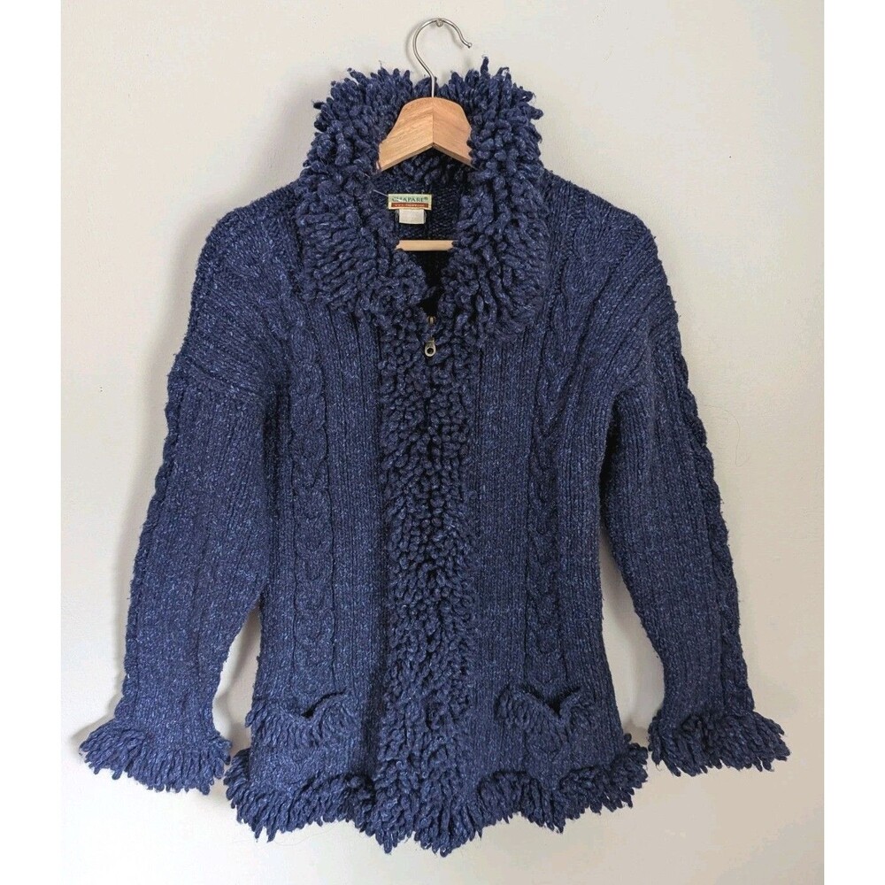 Vintage Funky Artsy Cardigan Sweater Jacket Zip Blue Wool Blend Shag Loop Trim M